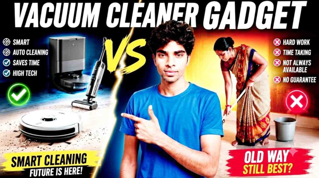 A young man pointing towards a comparison between a modern robotic vacuum cleaner on the left side and an Indian maid sweeping the floor with a broom on the right side for robot vacuum cleaner vs maid review