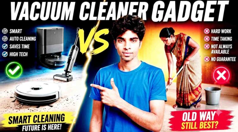 A young man pointing towards a comparison between a modern robotic vacuum cleaner on the left side and an Indian maid sweeping the floor with a broom on the right side for robot vacuum cleaner vs maid review