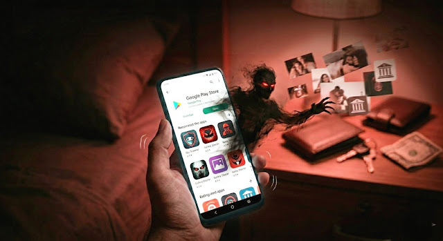 A scary dark shadow coming out of a mobile screen and stealing gallery photos and private data