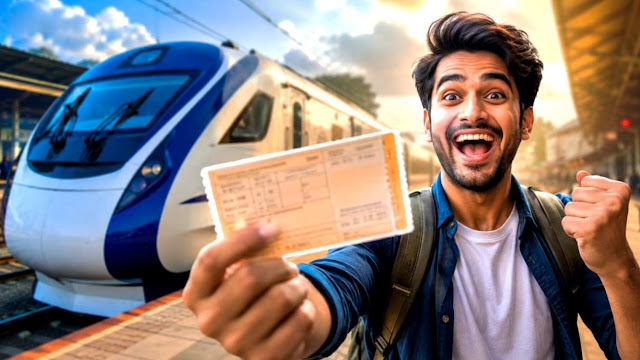 Young man happily showing confirmed railway ticket near train platform