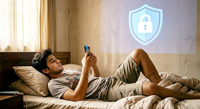 Young man using a laptop with a digital security shield representing VPN protection and online privacy