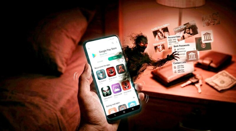 A scary dark shadow coming out of a mobile screen and stealing gallery photos and private data