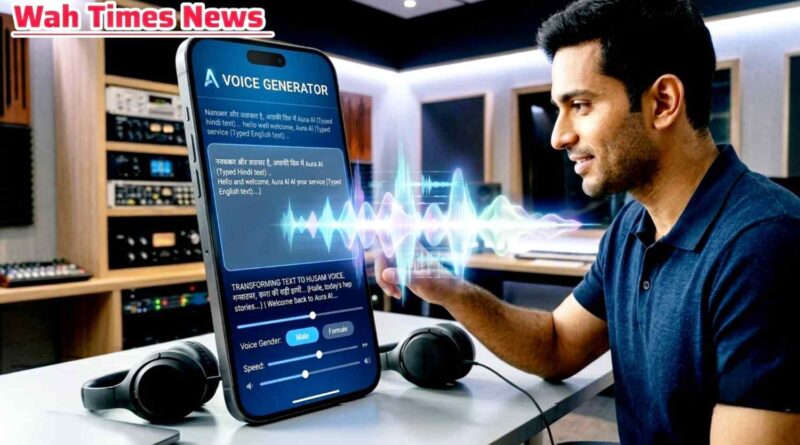 A professional audio recording studio banner showing a male sound editor looking at a large smartphone screen with digital audio soundwaves displaying best ai voice generator apps on Wah Times News