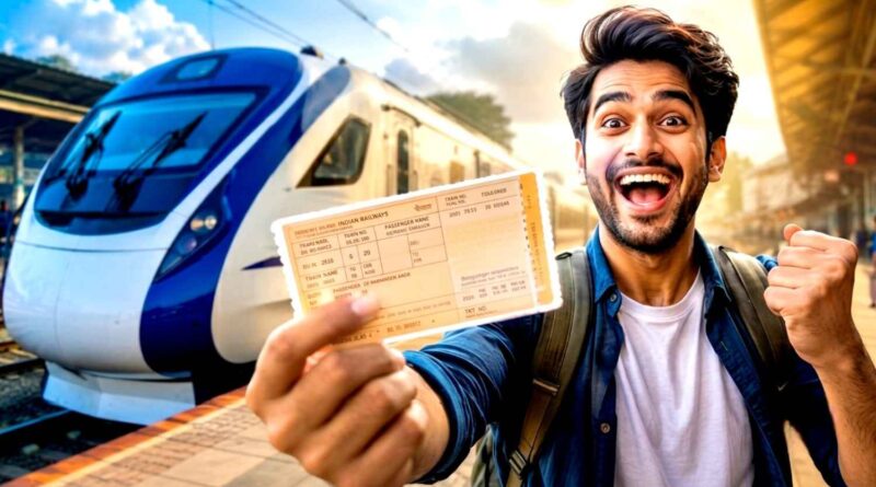 Young man happily showing confirmed railway ticket near train platform