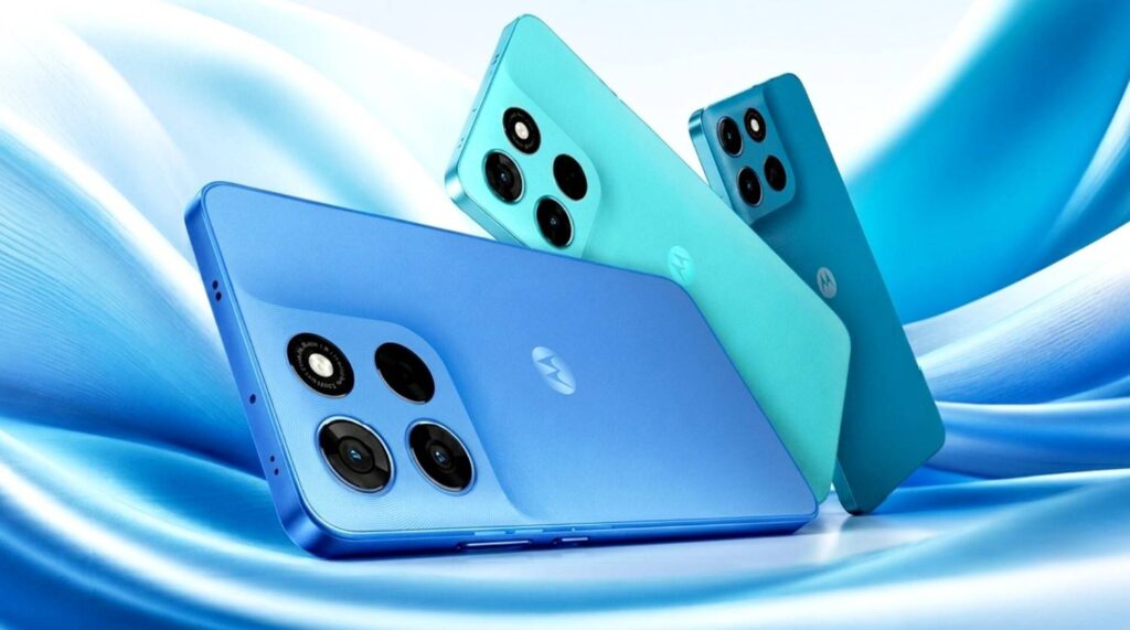 Blue and green Moto G57 Power 5G smartphones showing rear camera design