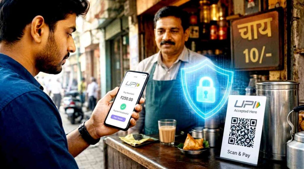 A man making a secure UPI digital payment at a local tea stall using a smartphone with a glowing blue cybersecurity shield and padlock icon over a UPI QR code scanner representing new RBI rules and safe online transactions