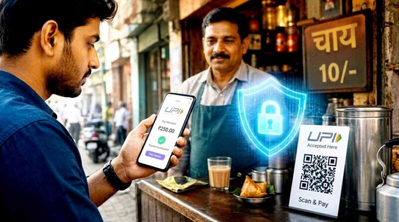 A man making a secure UPI digital payment at a local tea stall using a smartphone with a glowing blue cybersecurity shield and padlock icon over a UPI QR code scanner representing new RBI rules and safe online transactions