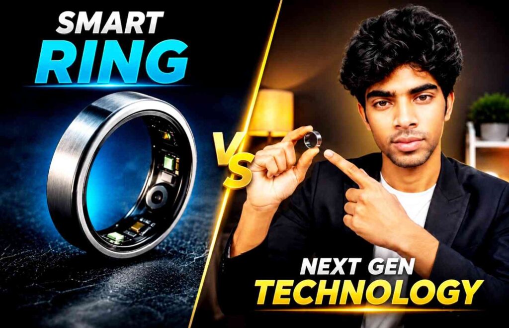 A professional tech review banner with a vertical border line dividing a close up look of internal health tracking sensors of a titanium smart ring and a man holding the ring on Wah Times News