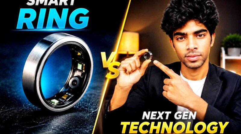 A professional tech review banner with a vertical border line dividing a close up look of internal health tracking sensors of a titanium smart ring and a man holding the ring on Wah Times News