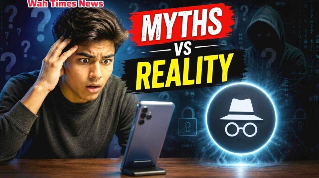 A young man looks completely shocked and confused while looking at his smartphone with a large Wah Times News logo and a red MYTHS vs yellow REALITY banner with a glowing incognito mode icon on a hacker background representing common myths about smartphone privacy