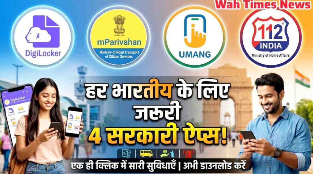 Graphic banner showing four useful government mobile apps DigiLocker mParivahan UMANG and 112 India logos with a man and woman holding smartphones in front of India Gate