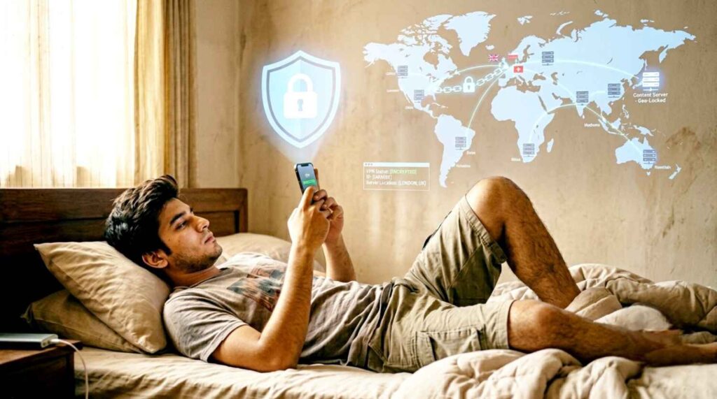 Young man using a laptop with a digital security