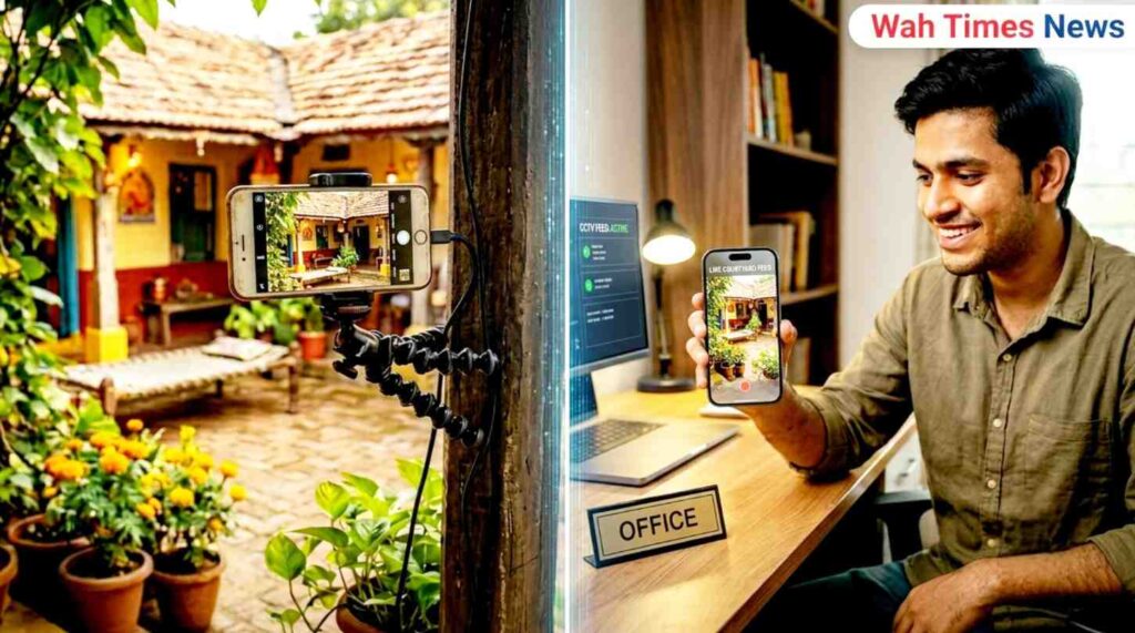 An old smartphone mounted on a tripod inside a house courtyard acting as a cctv camera and sending a live video feed to a young man monitoring it on his mobile phone screen from an office desk