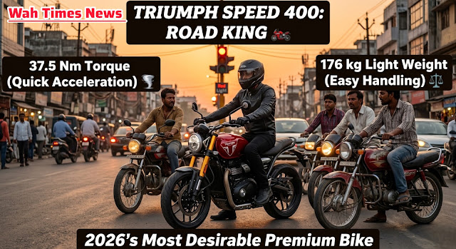 Wah Times News - Triumph Speed 400 2026 Edition: Road King, 37.5 Nm Torque, 176 kg Light Weight, 2026's Most Desirable Premium Bike Triumph Speed 400 Carnival Red color stopped at Indian traffic signal (red light) during sunset - Wah Times News