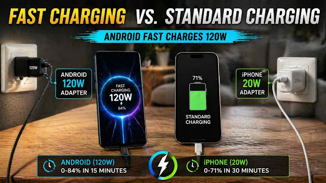 Android and iPhone battery charging speed comparison Fast charging vs standard charging mobile battery performance