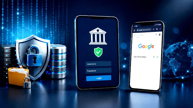 Personal Data Privacy Security In Android Two smartphones showing secure banking login screen and google search with cyber security shield icons