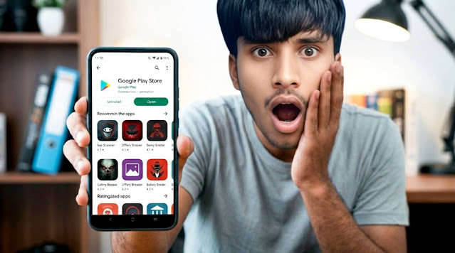 Malware Infected Apps On Google Play Store A shocked young man holding a smartphone and looking at fake apps list on google play store interface