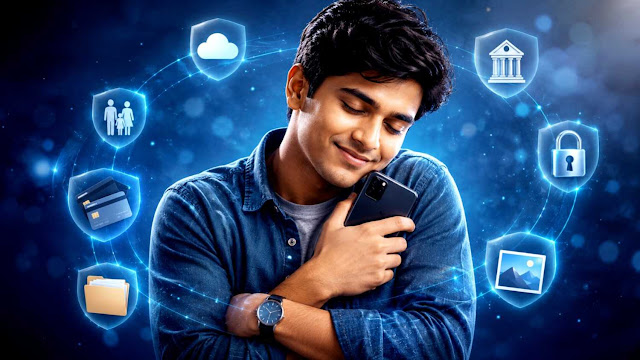 Google Play Store Safety Guide A smiling young man safely holding his smartphone surrounded by digital data protection and privacy icons