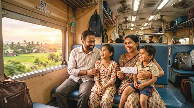 Indian family enjoying peaceful journey inside train coach