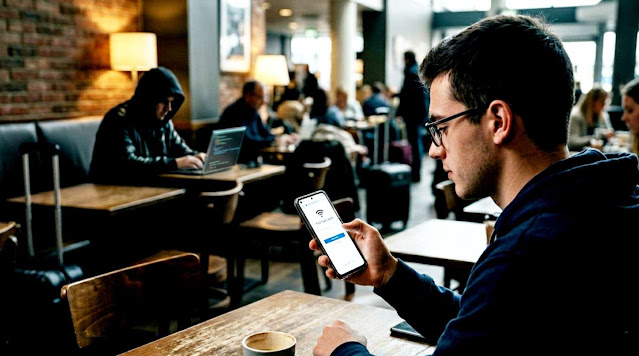 User connected to public WiFi while facing potential cybersecurity threats