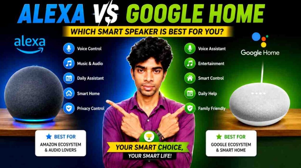 Amazon Alexa vs Google Home smart speaker comparison showing voice assistant smart home entertainment privacy and key features