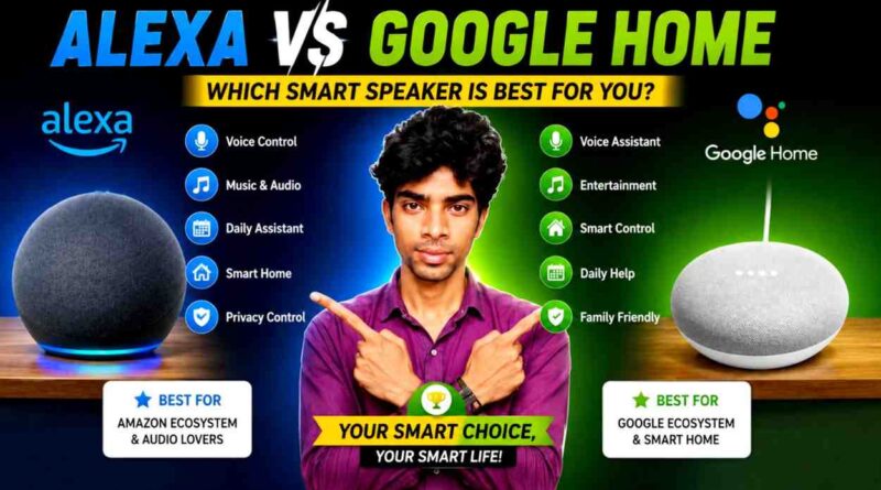 Amazon Alexa vs Google Home smart speaker comparison showing voice assistant smart home entertainment privacy and key features