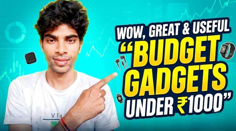 A young Indian tech blogger pointing towards text BUDGET GADGETS UNDER 1000 with a cyan background and gadget icons for Wah Times News