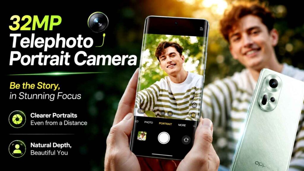OPPO Reno 11 5G 32MP telephoto portrait camera capturing professional portrait photos with natural background blur