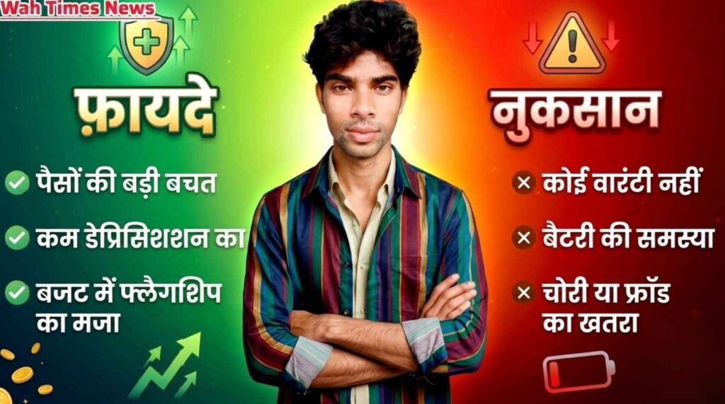 A young man standing in the middle with list of pros in green background and cons in red background