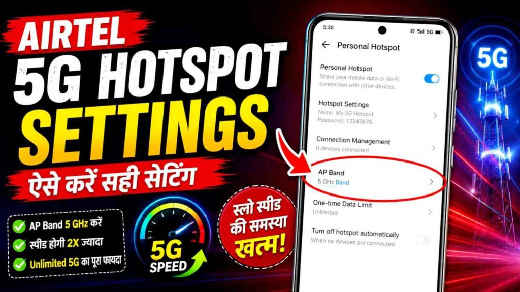 Airtel 5G preferred network settings and hotspot configuration on Android smartphone