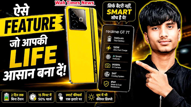 Young reviewer pointing at the Realme GT 7T phone displaying specifications in a mobile review thumbnail.