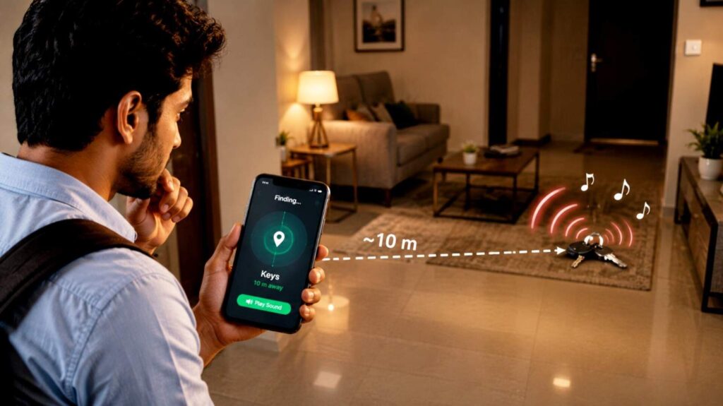 Bluetooth key tracker app showing location of lost keys on smartphone screen