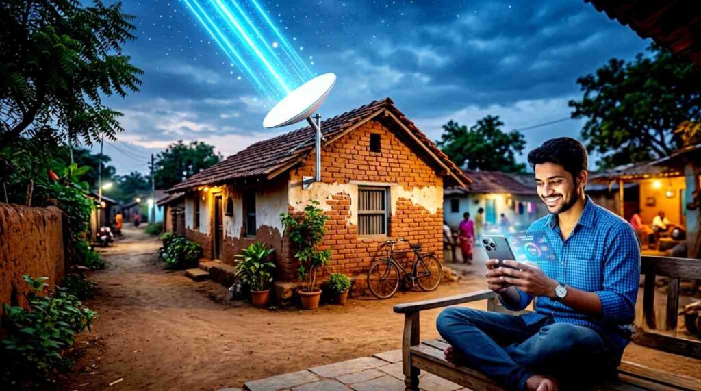 Young Indian man using high speed satellite internet wifi on smartphone connected to dish receiver in a rural village setting