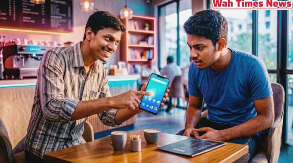 Two young men sitting at a table in a cafe looking and pointing at a smartphone screen