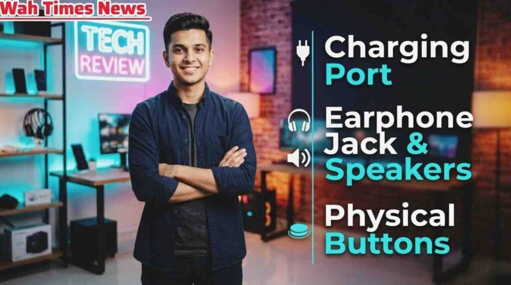 A man standing with folded arms in front of text explaining ports buttons and charging jack check