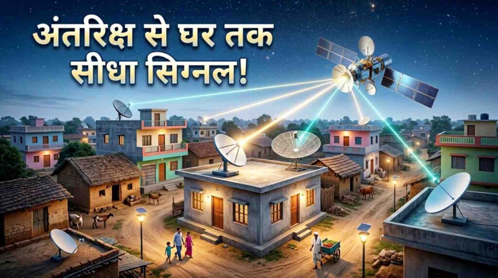 Satellite internet working mechanism beaming signals directly from space satellites to dish antennas on village roofs in India