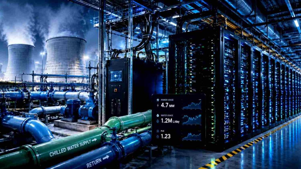 High performance AI data center server racks with real time power usage display and industrial chilled water cooling supply pipes