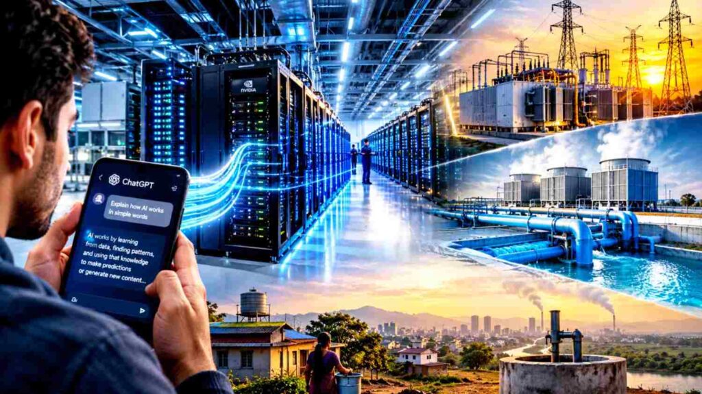 AI Data Centers Fact showing smartphone user running ChatGPT connected to high power server racks and industrial cooling water towers