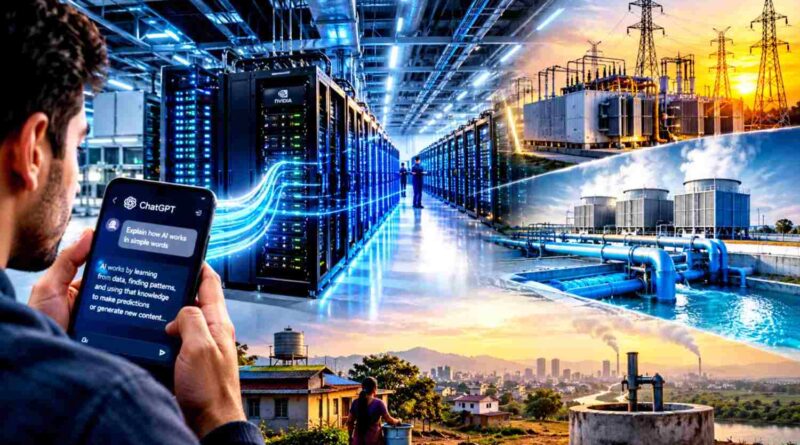 AI Data Centers Fact showing smartphone user running ChatGPT connected to high power server racks and industrial cooling water towers