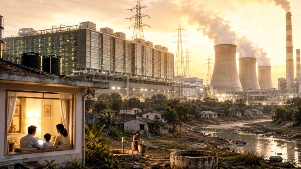 AI environmental impact showing modern data center cooling towers next to local residential area with dry riverbed and high voltage electricity grid