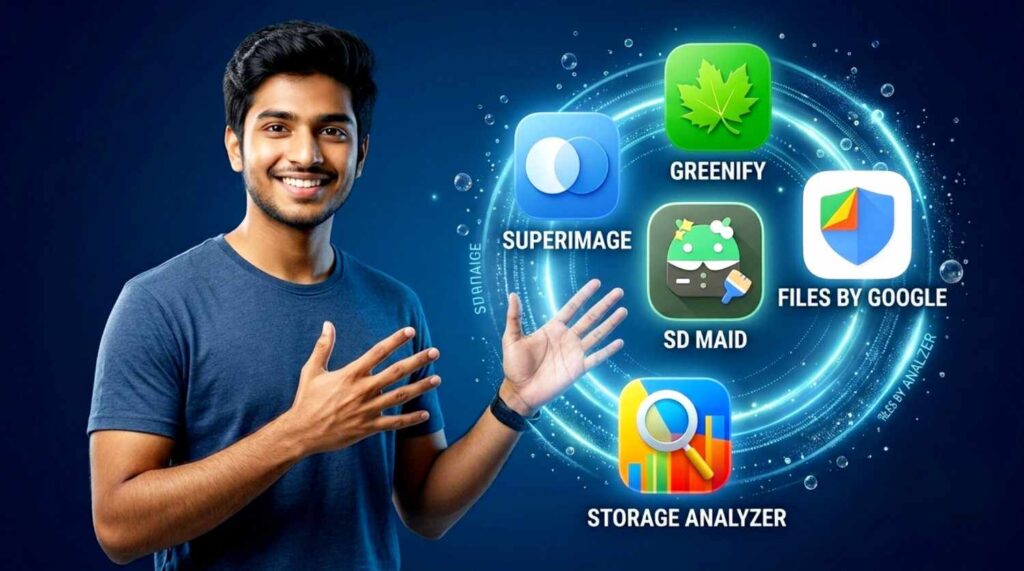 young man pointing towards top 5 android tools like google files greenify and sd maid