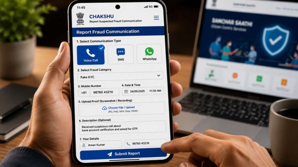 Person filling online fraud reporting form on mobile screen using Chakshu portal