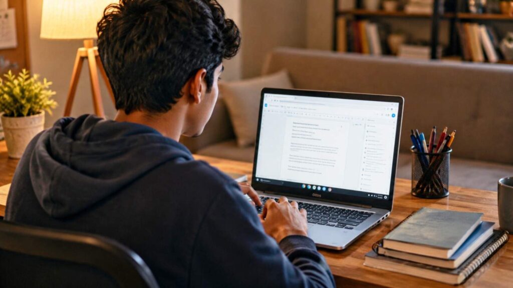 A young person working on an HP Chromebook at a desk in a cozy room, highlighting smooth online performance and productivity.
