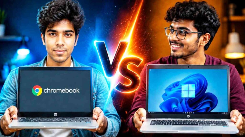 Two young men holding a Chromebook and a Windows laptop with a glowing VS logo in the middle, representing the Chromebook vs Windows laptop comparison.