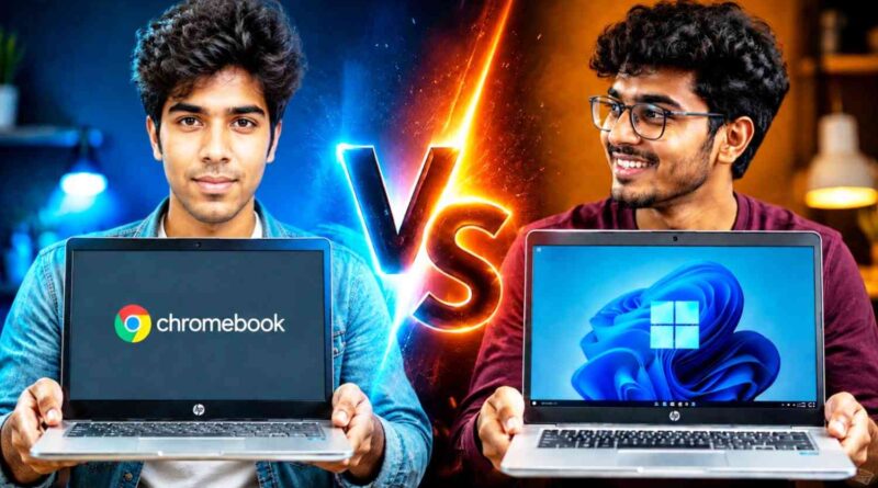 Two young men holding a Chromebook and a Windows laptop with a glowing VS logo in the middle, representing the Chromebook vs Windows laptop comparison.