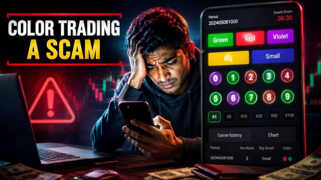A stressed young man looking at his mobile screen showing a color trading app interface with red green prediction buttons, highlighting online gambling scam reality
