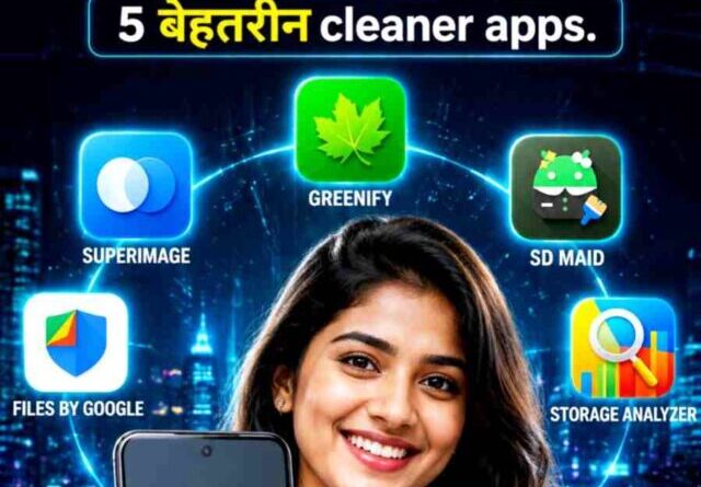 happy girl showing smartphone screen with cleaned storage and top five android cleaner app icons