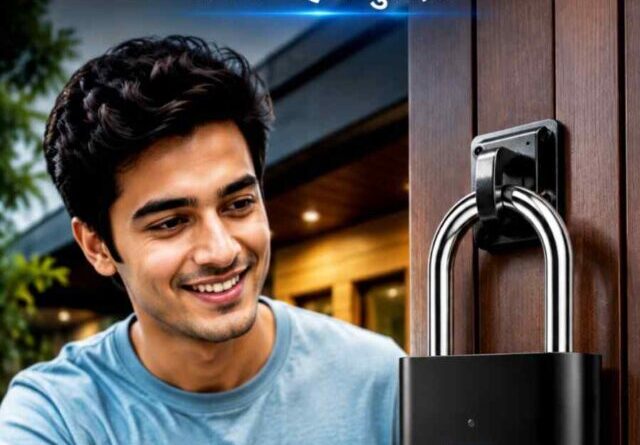 young man unlocking home door with digital fingerprint smart lock biometric sensor