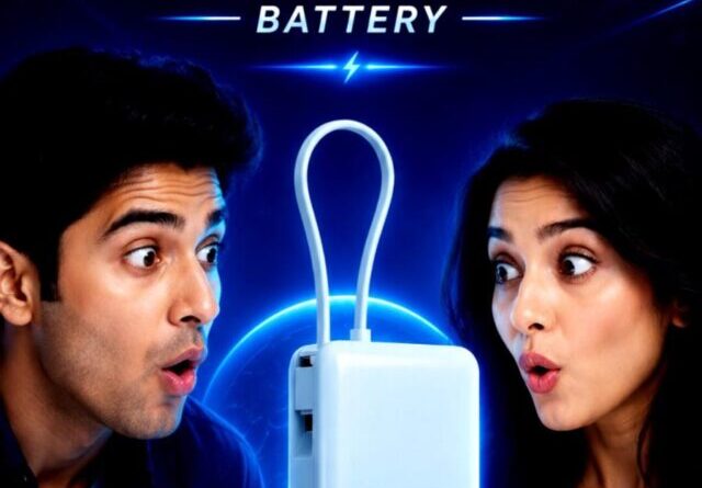 A man and woman looking with wide eyed shock at a glowing twenty thousand milliampere Xiaomi power bank.