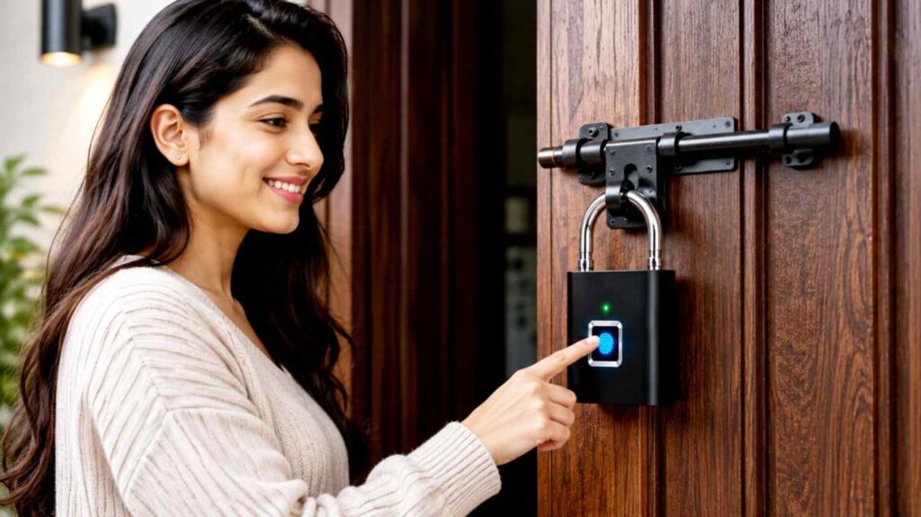 woman unlocking door using digital fingerprint smart lock sensor